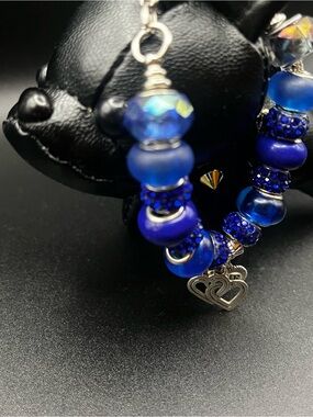 Hand Crafted Royal Blue Charm Bracelet with Heart Pendants